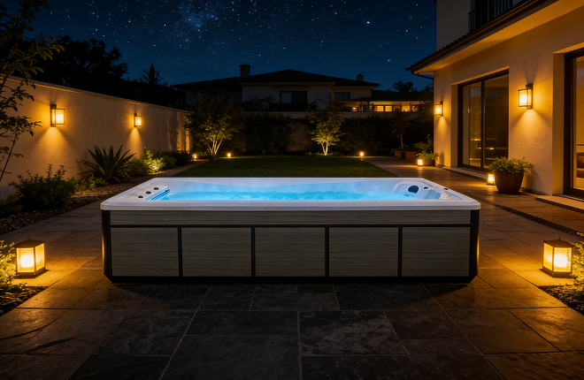 acrylic swimming pool-villa outdoor courtyard at night