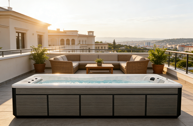 an acrylic integrated swimming pool in freezing temperatures