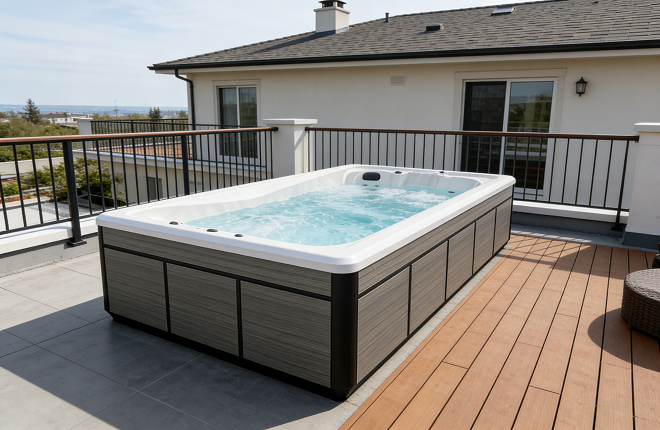 an acrylic integrated swimming pool on the rooftop balcony of a villa