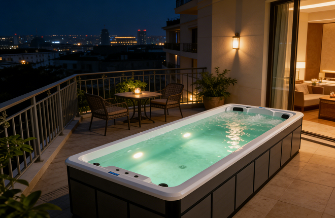 the acrylic swimming pool on the hotel balcony