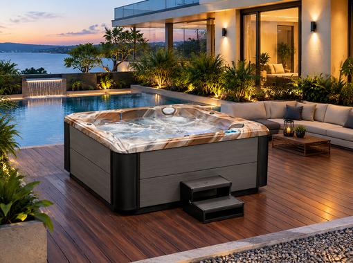 45-degree angle view of a hot tub installed on a wooden backyard deck surrounded by greenery