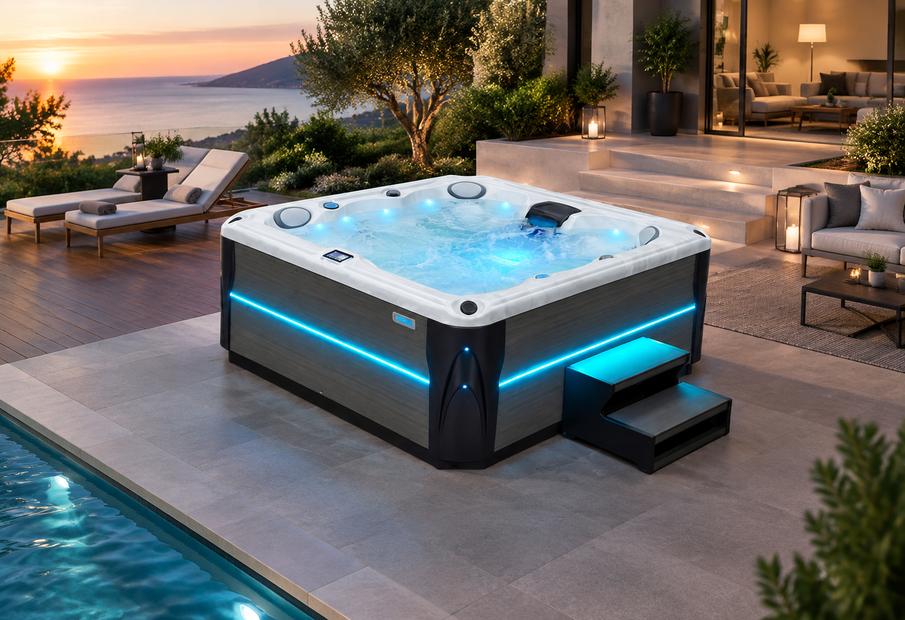 A high-angle 45-degree shot of the BD-001Pro model on a dark stone patio, featuring vibrant blue LED strip lighting along the exterior panels and interior, creating a luxurious nighttime ambiance.
