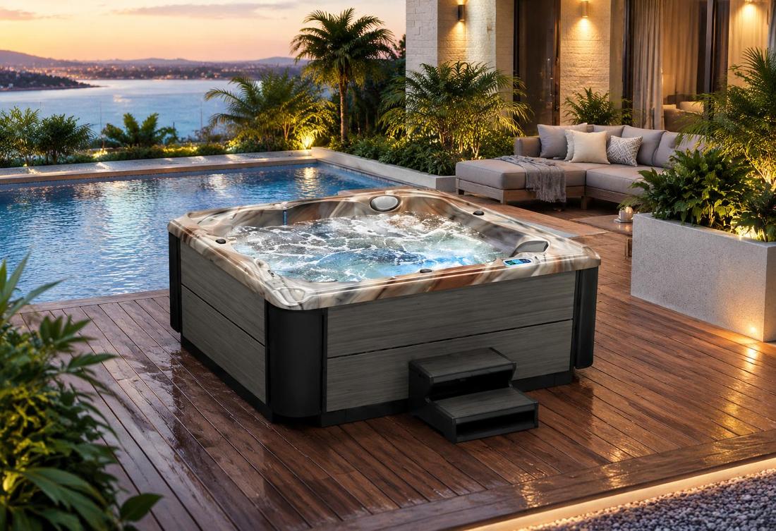 A close-up of the water surface inside the hot tub, showing the active bubbling action of the massage jets