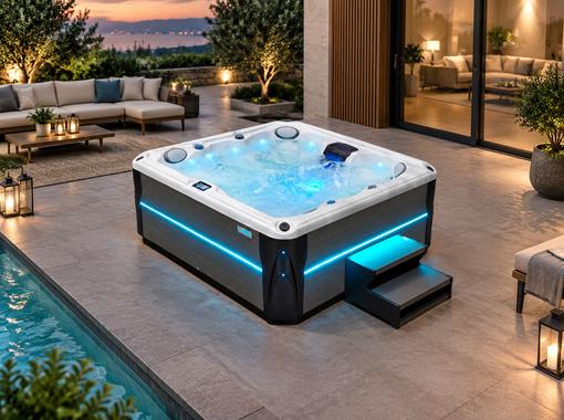 A wide-angle evening shot of the hot tub on a stone patio, illuminated with blue LED strips