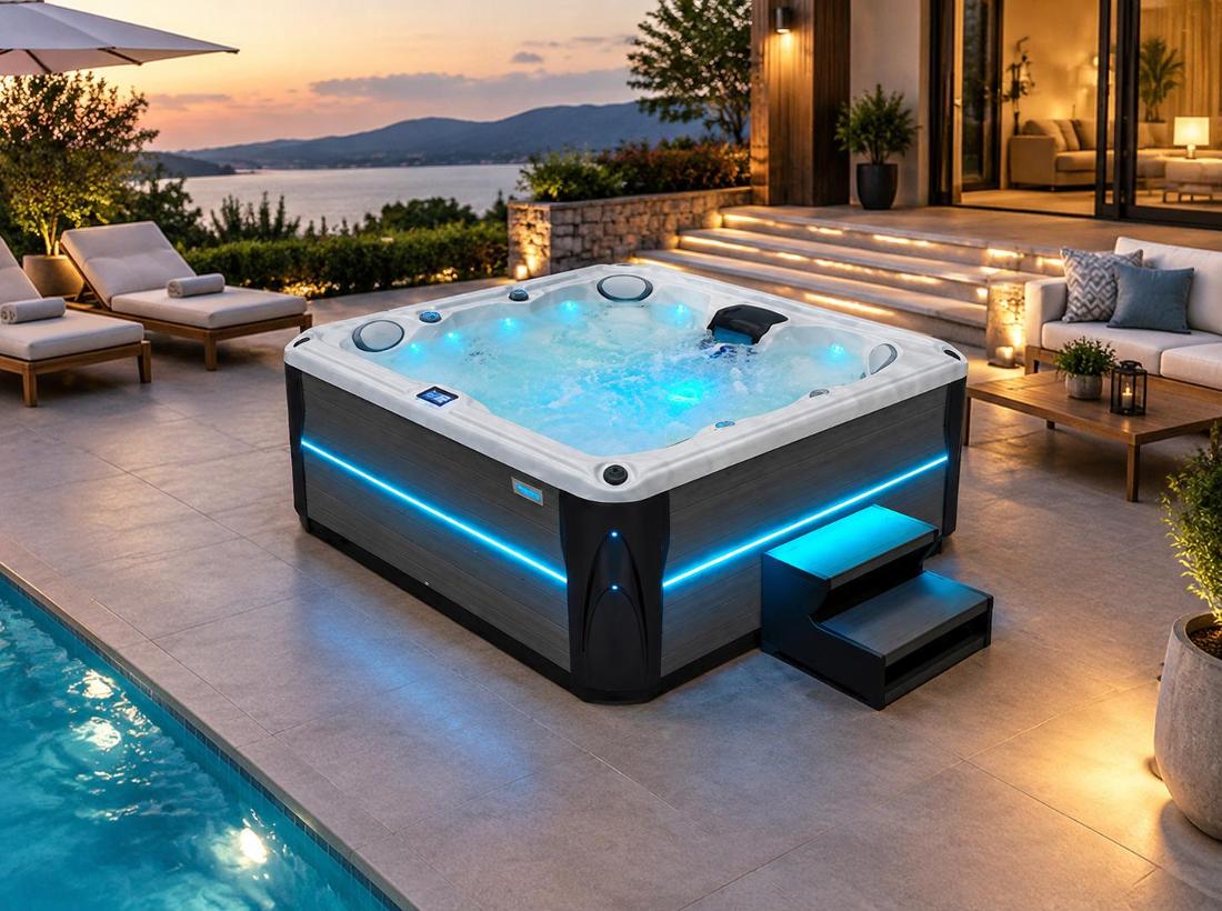 Wide-angle evening shot of hot tub with blue LED lighting