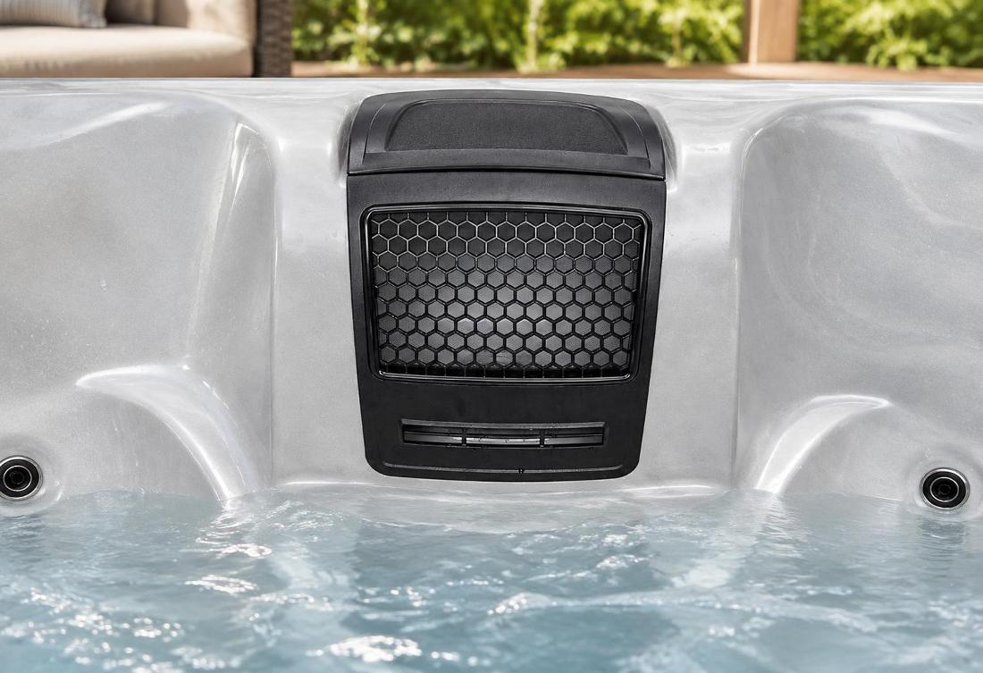 Close-up of the black honeycomb-patterned filtration housing