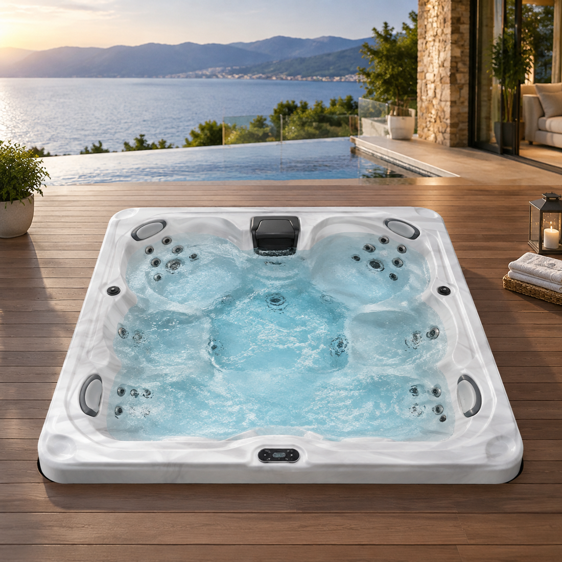 A top-down studio view of a spa shell showing multiple massage jets and a central filter housing