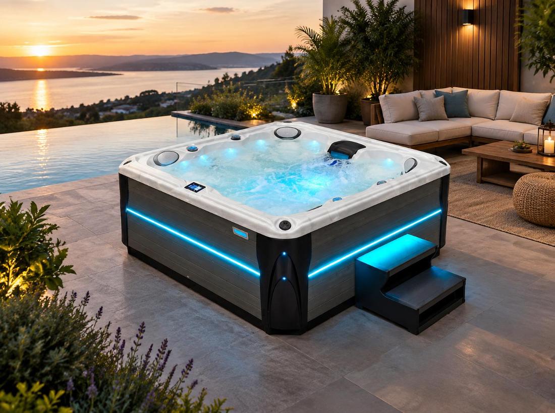 Evening view of the spa with illuminated blue LED lighting on a stone patio