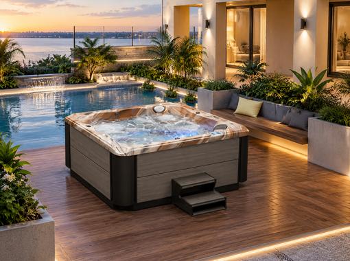 Outdoor spa installed on a wooden deck surrounded by greenery