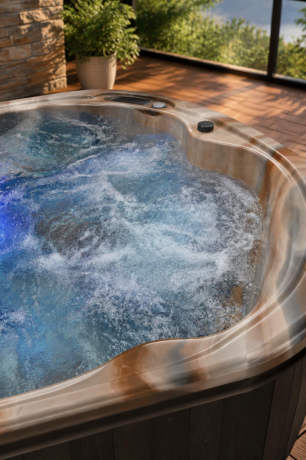 Close-up of the digital control panel on the spa rim