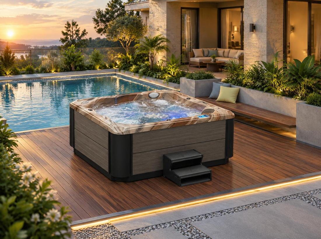 BD-004 rectangular swim spa installed on a wooden deck in a backyard setting