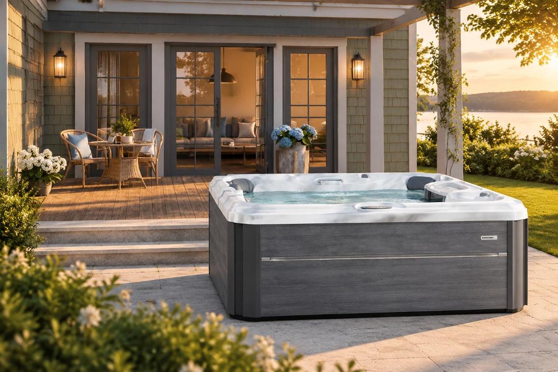A wide-angle front view of a grey-paneled hot tub on a wooden deck, featuring a white marbled acrylic interior, two grey headrests, and a waterfall feature, set against a backdrop of a modern house with glass doors and a landscaped garden.