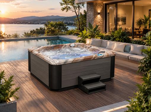 A hot tub installed on a wooden deck at sunset, water bubbling and surrounded by greenery