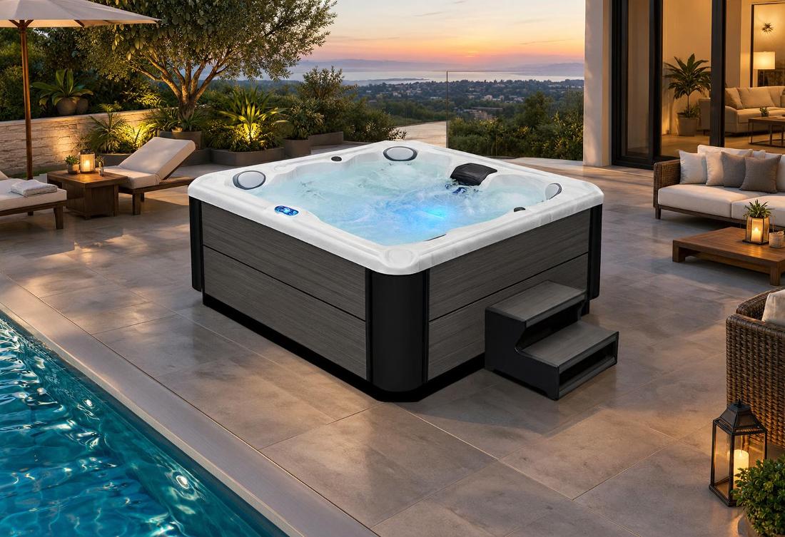 A high-angle 45-degree shot of a hot tub illuminated by soft blue interior LED lighting on a dark stone patio at night