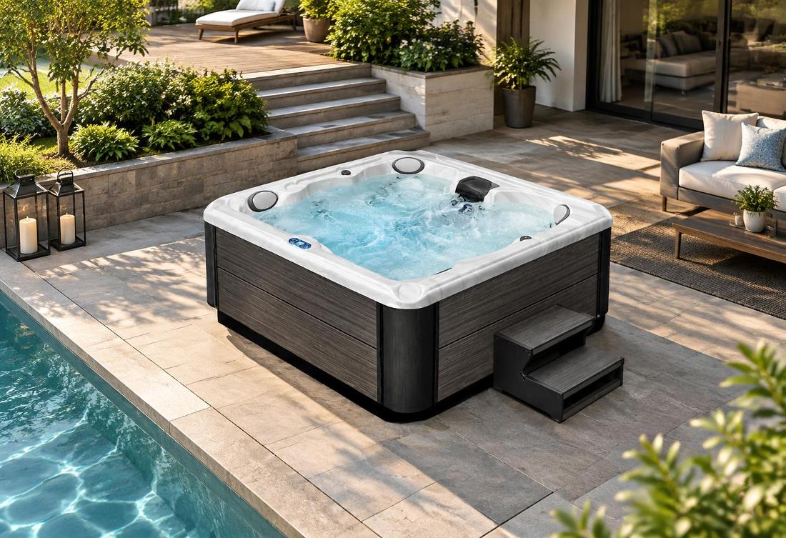 High-angle wide shot of the BD-001 spa on a stone patio with wood-grain cabinet panels and blue LED lighting