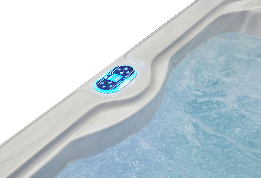 Close-up of the digital control panel with blue backlit display