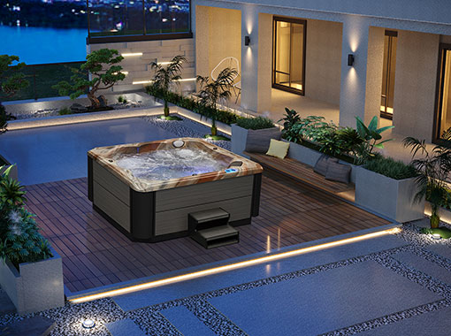 Hot tub installed on a wooden deck in a backyard setting
