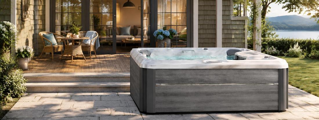 A wide-angle front view of a grey-paneled hot tub on a wooden deck with a waterfall feature and marbled acrylic interior