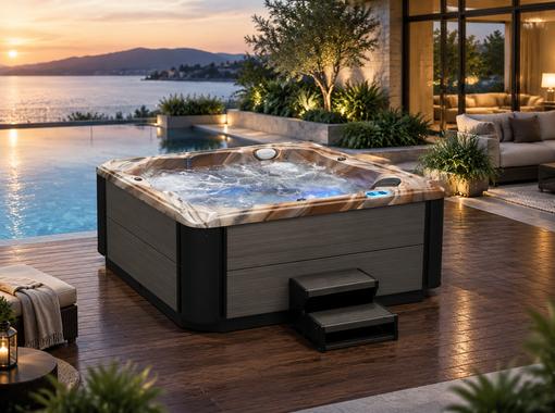BD-004 hot tub installed on a wooden deck in a luxury backyard