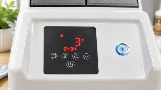 Close-up of the digital control panel showing 3°C temperature display