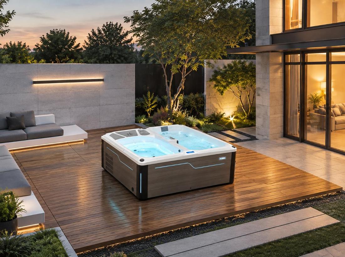 Wide night shot showing the unit installed on a wooden deck with LED lighting