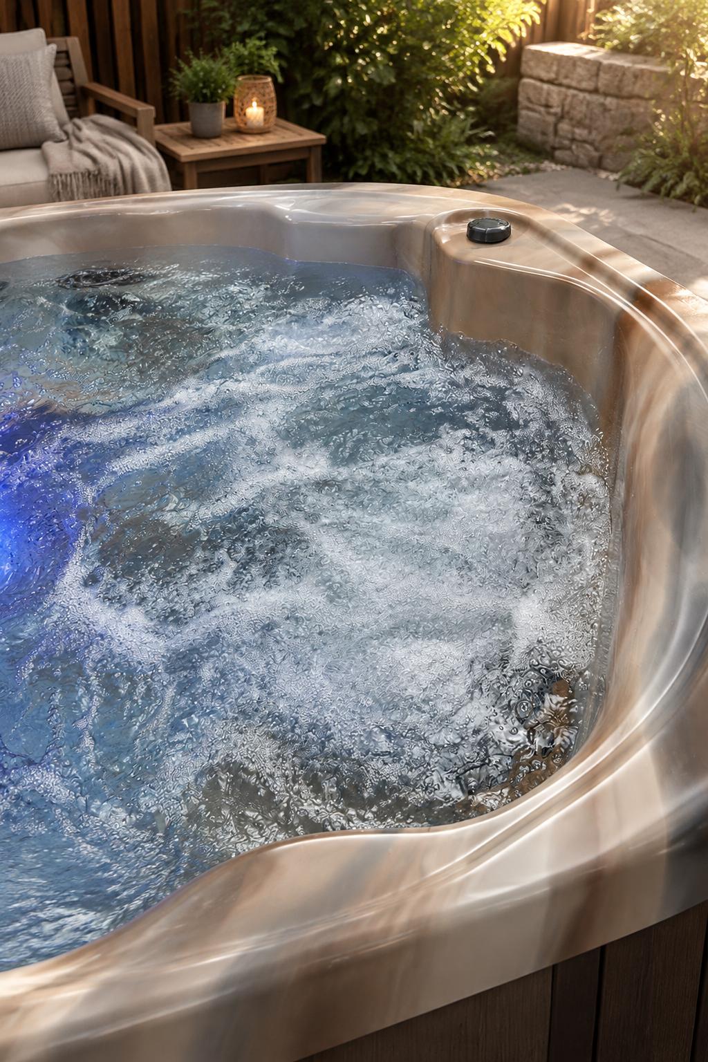 Close-up of digital control panel mounted on tub rim, oval-shaped with backlit display showing temperature settings