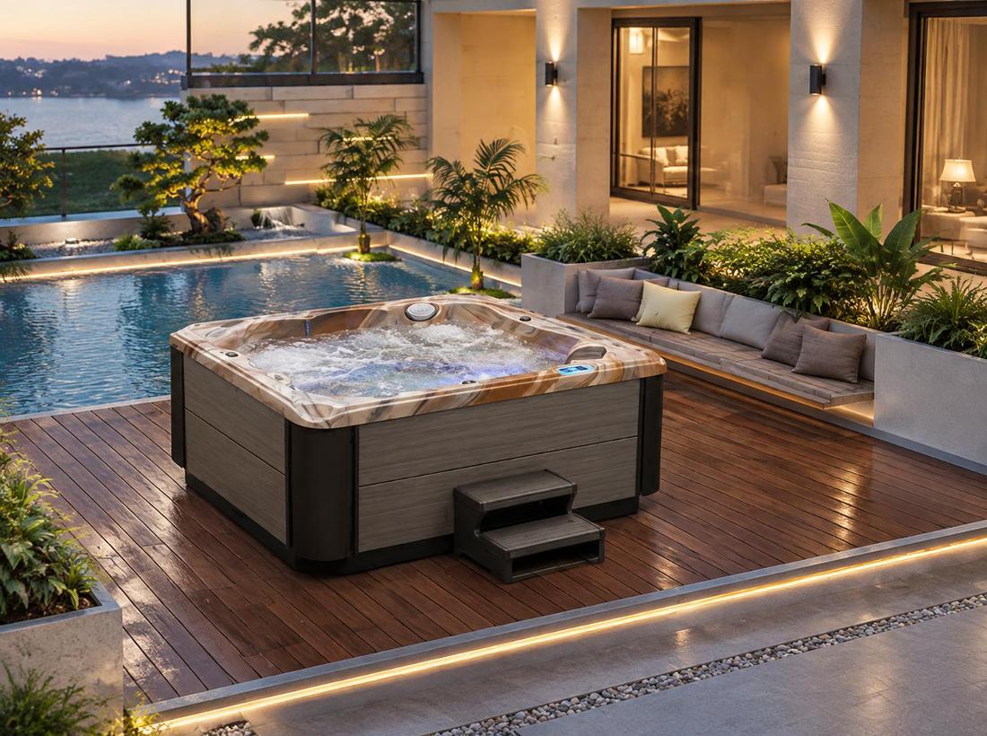 Hot tub installed on a wooden deck in a backyard setting