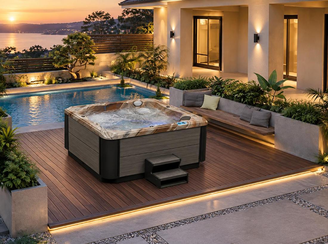 Swim spa installed on a wooden deck in a landscaped backyard setting