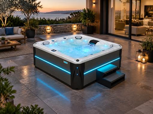 A wide-angle evening shot of the hot tub on a stone patio, illuminated with bright blue LED strips