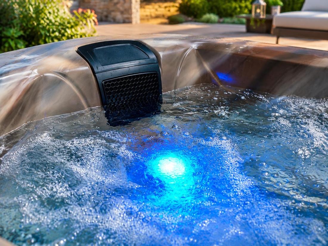 A conceptual detail shot focusing on the blue LED lighting feature at the bottom of the tub
