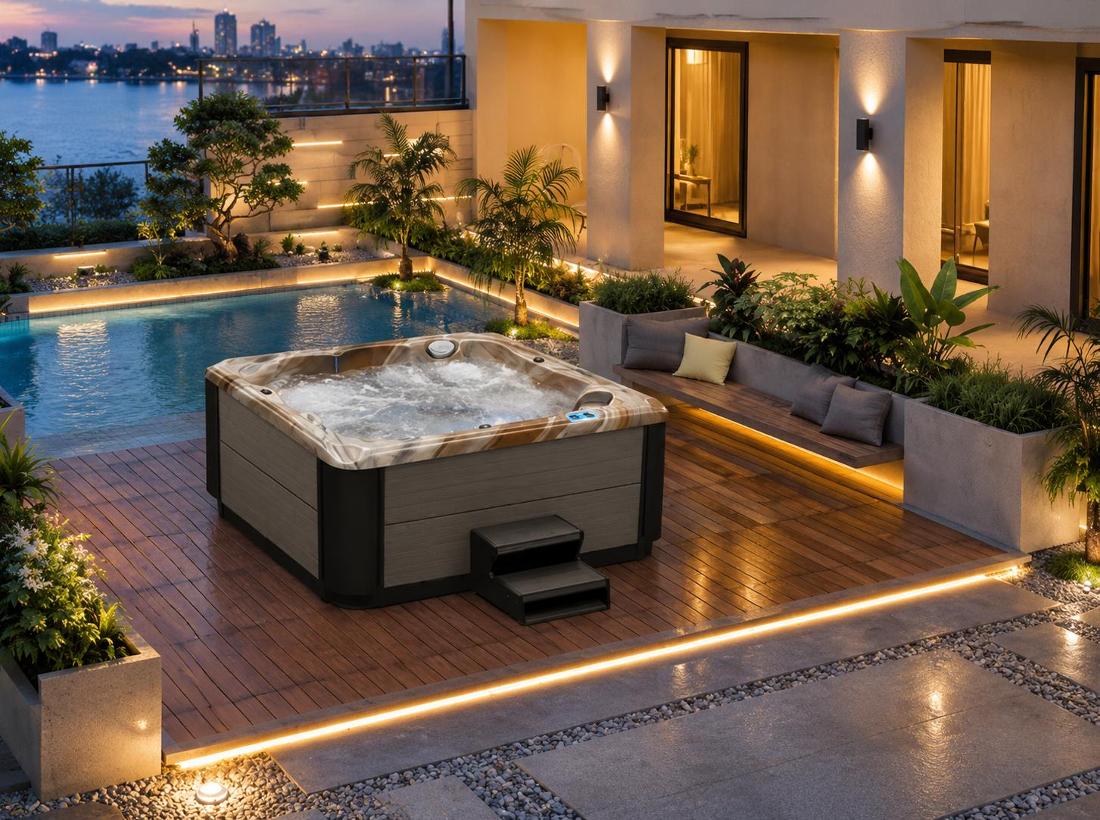 A 45-degree high-angle shot of the BD-004 hot tub installed on a wooden deck in a luxury backyard