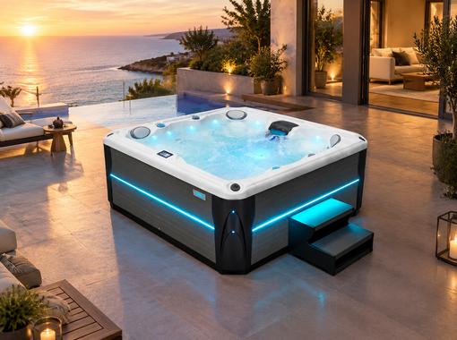 Hot tub with blue LED lighting glowing on a stone patio at night