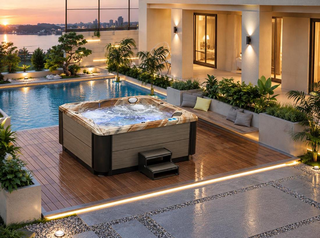 A hot tub installed on a wooden deck in a backyard setting