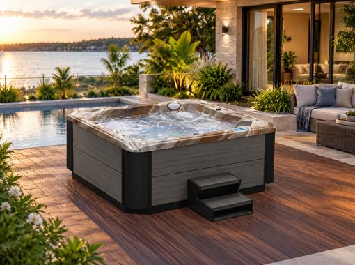 Hot tub installed on a wooden deck in a luxury backyard setting