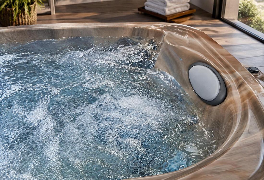 Close-up view of massage jet clusters set into marbled acrylic wall