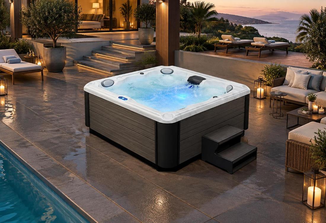 A high-angle 45-degree shot of a square hot tub illuminated by soft blue interior LED lighting on a stone patio