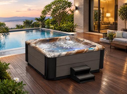 BD-004 hot tub installed on a wooden deck in a backyard setting