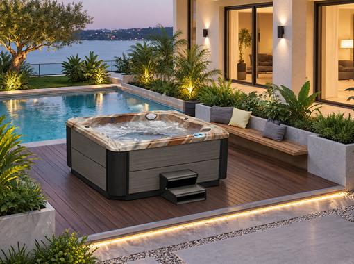 BD-004 hot tub installed in a backyard setting with bubbling water