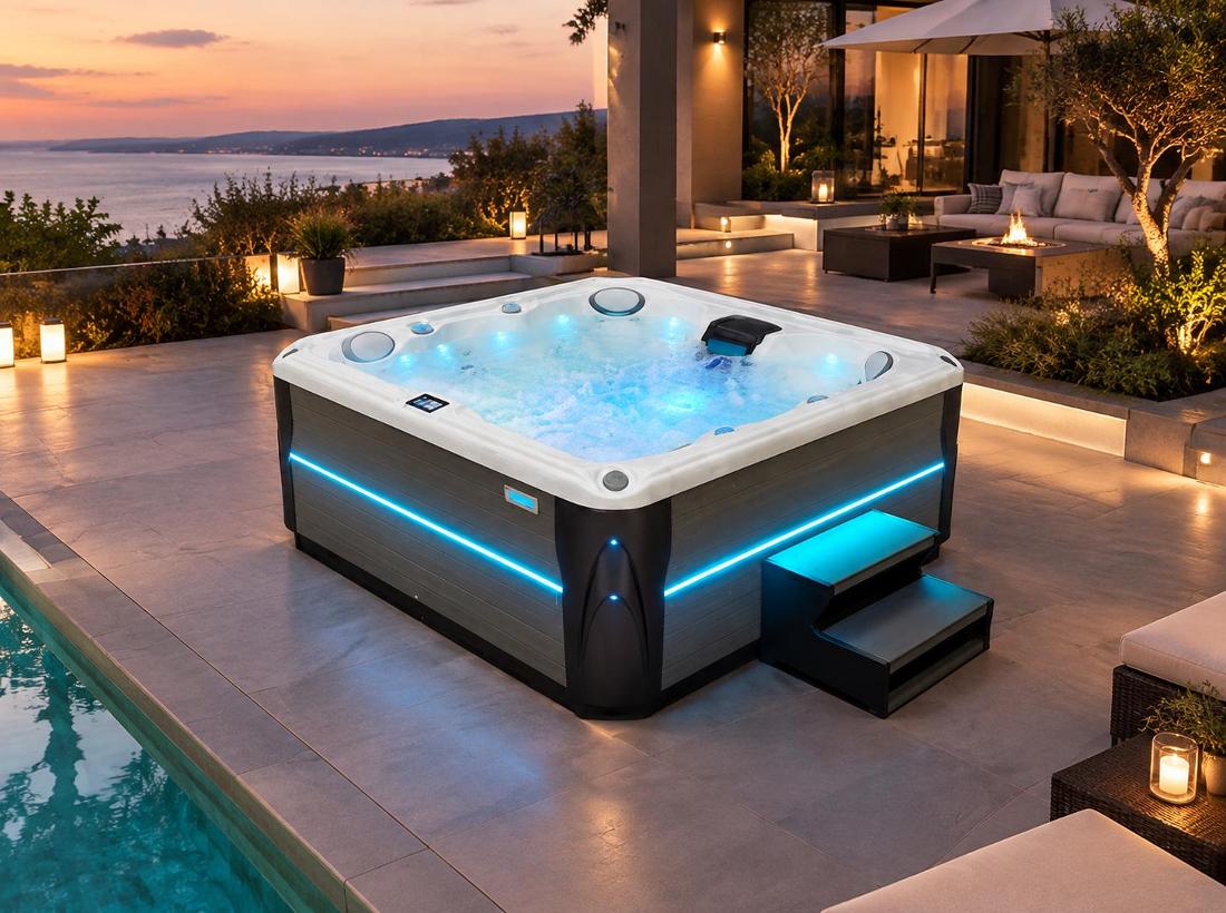 Hot tub illuminated with blue LED lighting on a stone patio at night