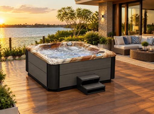 Garden swim spa installed on a wooden deck surrounded by greenery