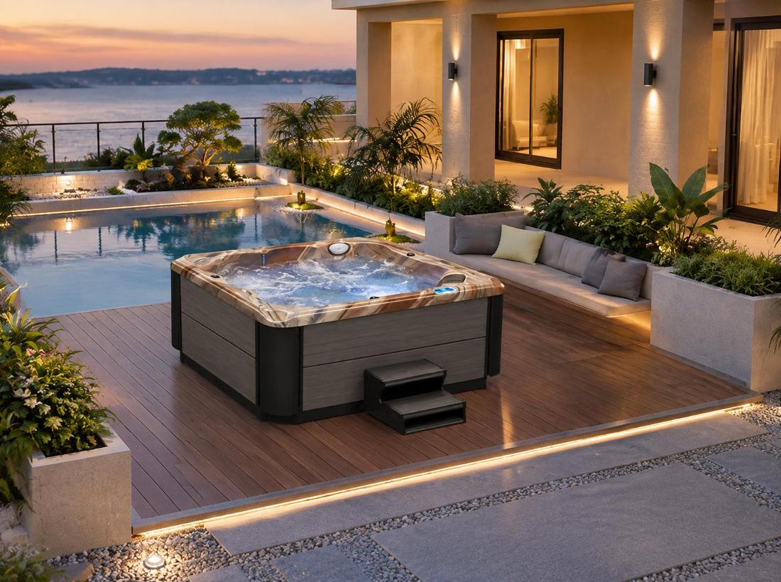 A luxury backyard installation of the hot tub on a wooden deck