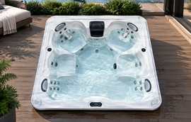 Top-down studio view of a spa shell showing jet placement and seating layout