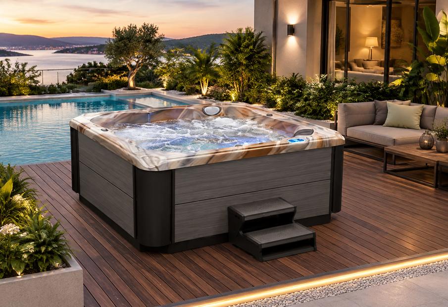 A close-up view of the water surface inside the hot tub, showing the active bubbling action of the massage jets.