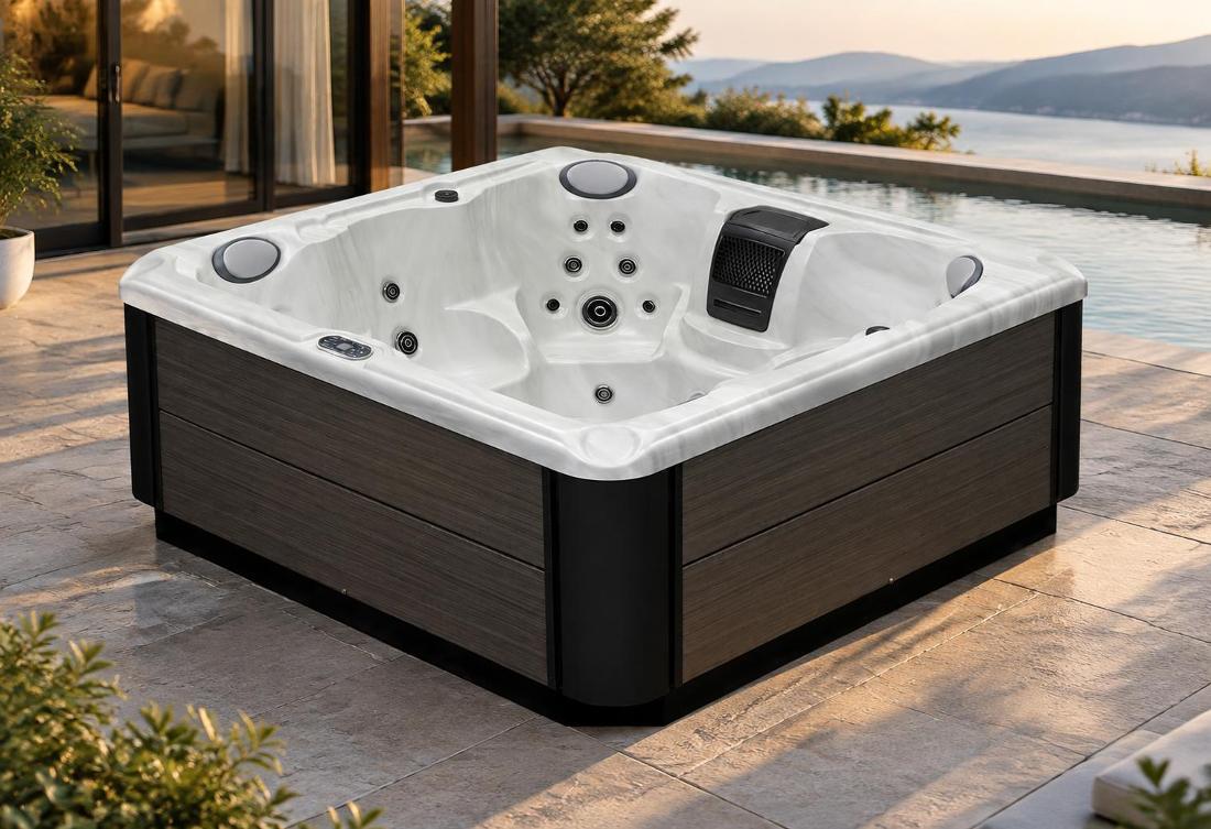 45-degree angle view of spa showing marble-textured shell and wood-grain cabinet exterior