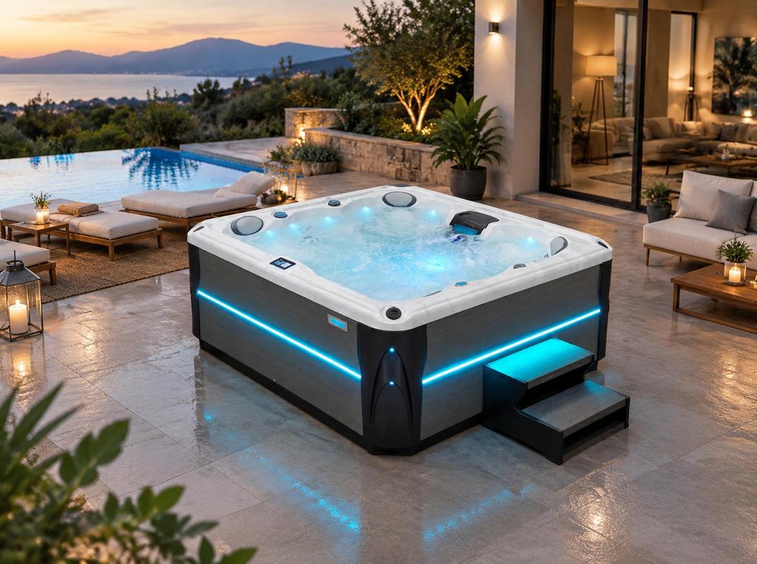 Evening shot of a spa on a stone patio with blue LED lighting