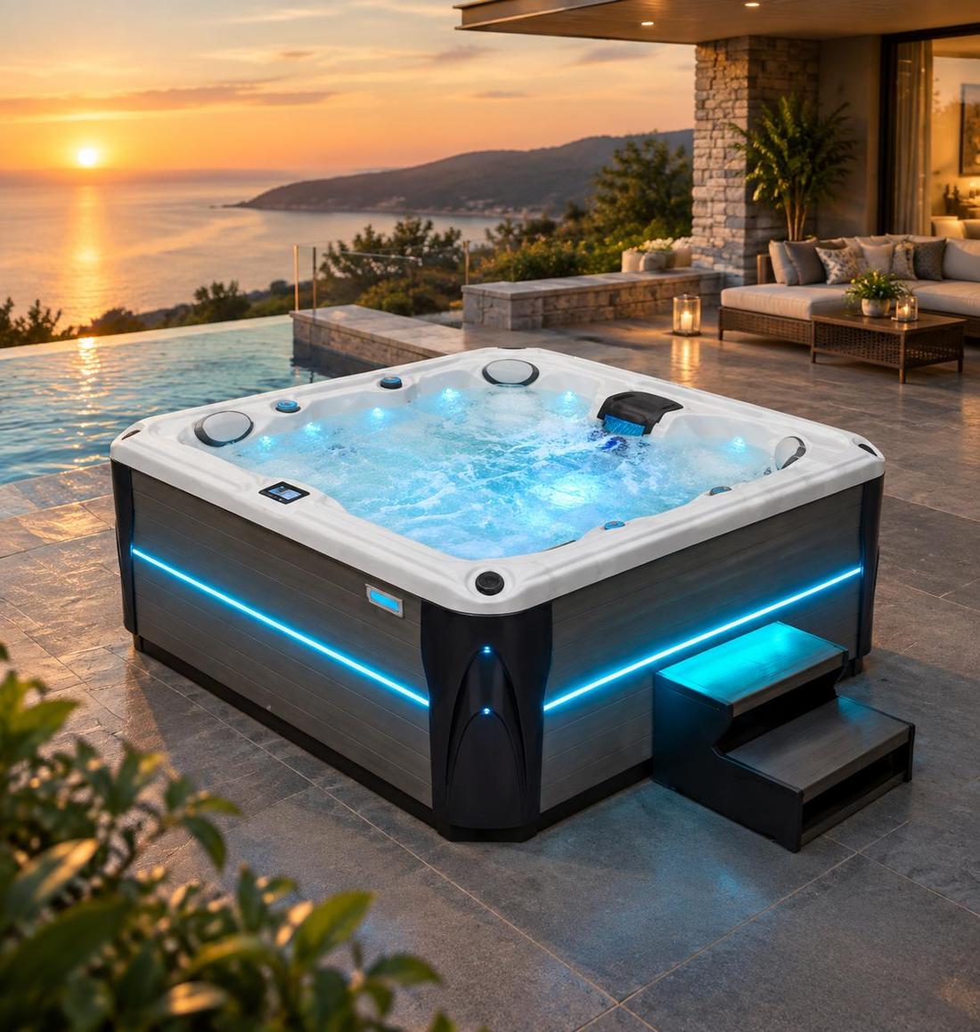 A wide-angle evening shot of the hot tub on a stone patio illuminated with blue LED lighting