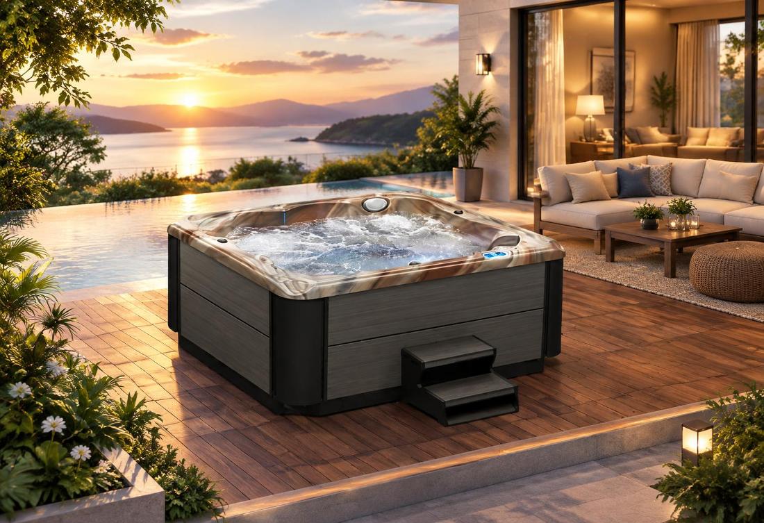 A close-up of the water surface inside the hot tub, showing the active bubbling action of the massage jets