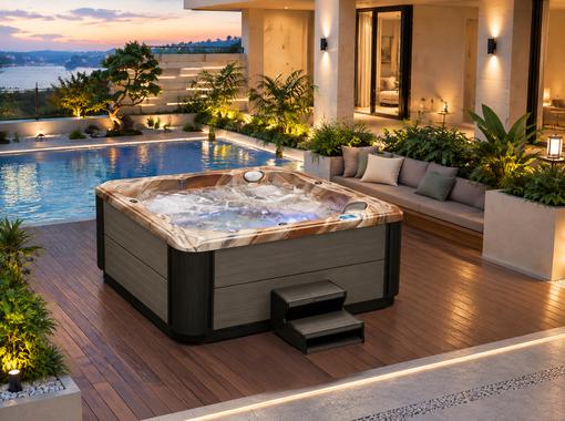 BD-004 hot tub installed on a wooden deck in a backyard setting