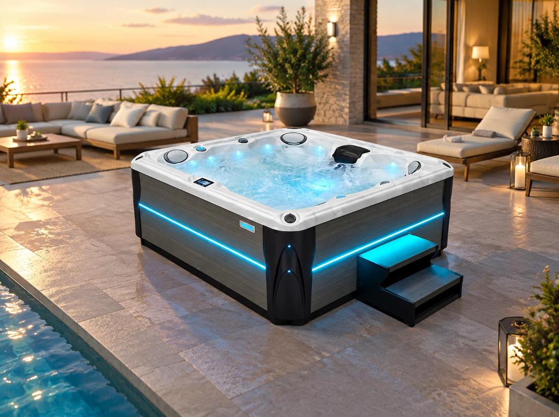 Hot tub illuminated with blue LED lighting on a stone patio at night