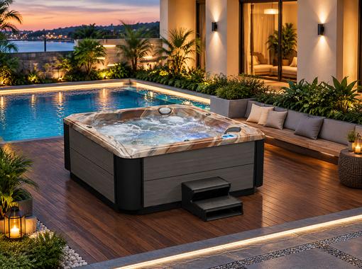 Bd-004 hot tub installed on a wooden deck in a luxury backyard